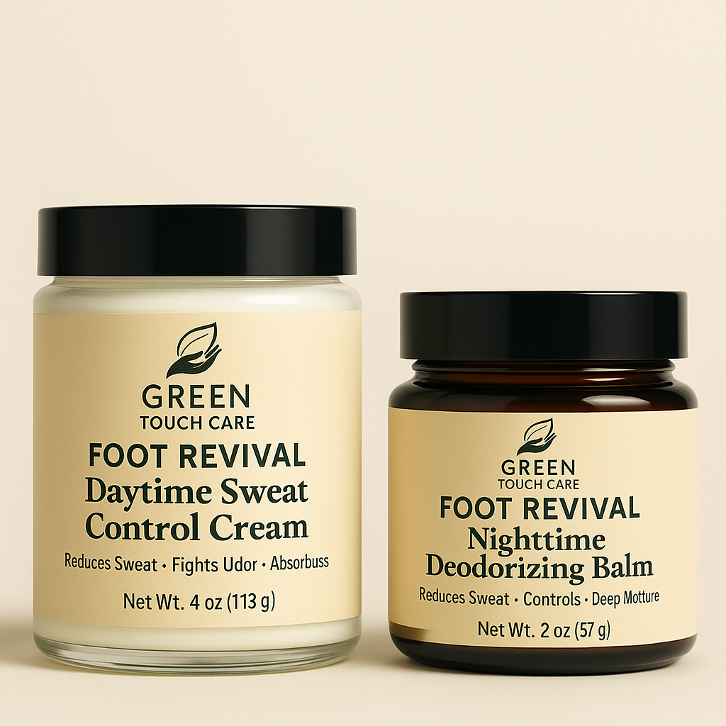 Total Foot Revival Set
Includes:
	•	1 Foot Soaking Solution (8 oz)
	•	1 Daytime Sweat Control Cream (4 oz)
	•	1 Nighttime Deodorizing Balm (2 oz)