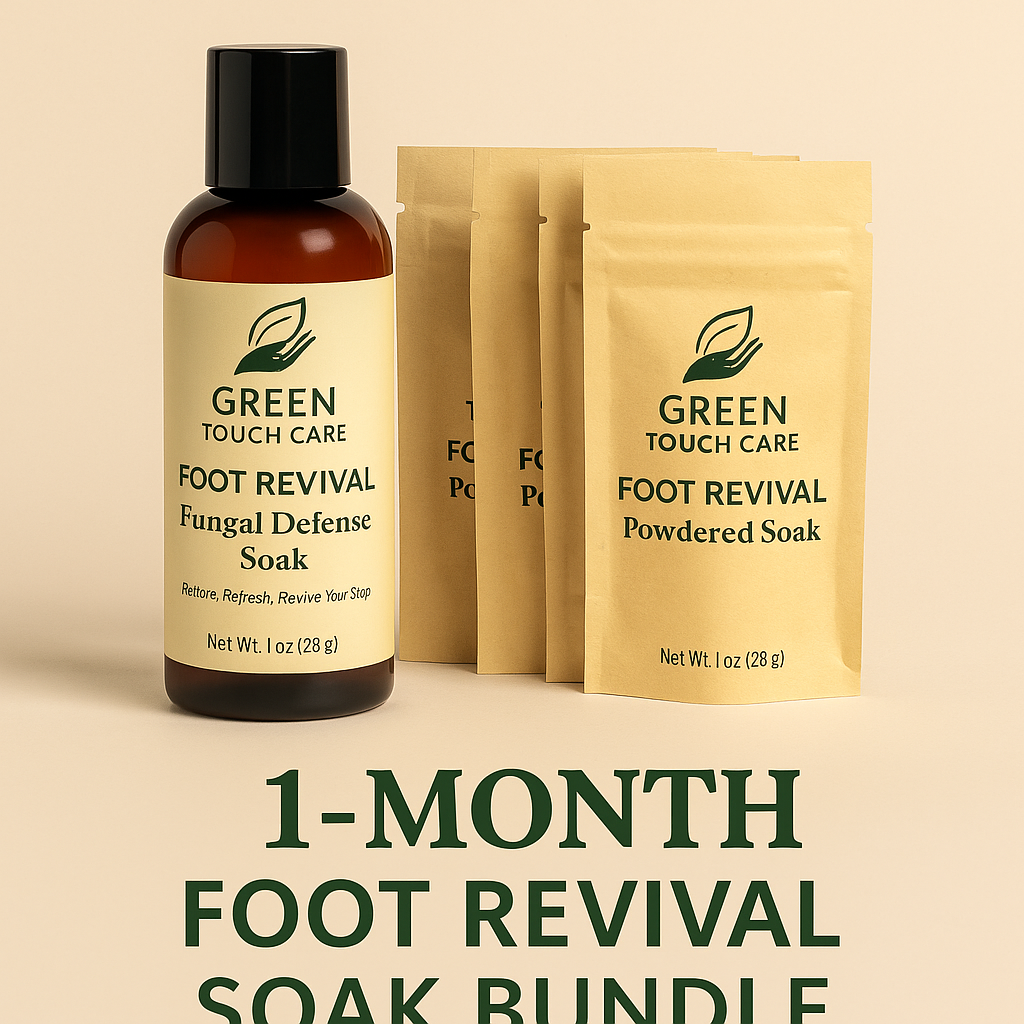1-Month Foot Revival Soak Bundle
Includes:
	•	1 Foot Revival Liquid Soak (8 oz) – ~8 soaks
	•	4 Foot Revival Powder Soak Pouches (1 oz each) – 1 per week